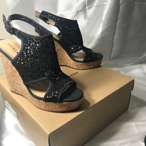 Lucky Brand Black & Canvas Cork Platform Wedges